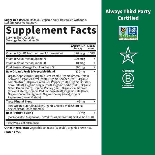 Supplement facts and ingredient list for Raw K Complex.