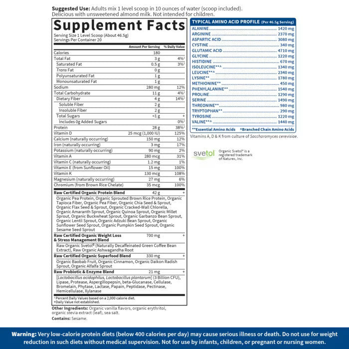 Certifications and ingredient list for RAW Organic Fit protein powder.