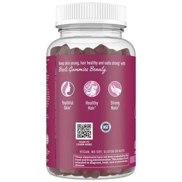  Garden of Life Organic Beet Root Beauty Gummies back bottle, raspberry, 60 count.