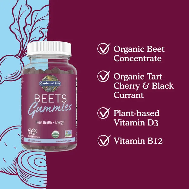 Garden of Life Beets Gummies Heart Health + Energy Raspberry 60 Fruit Gummies.