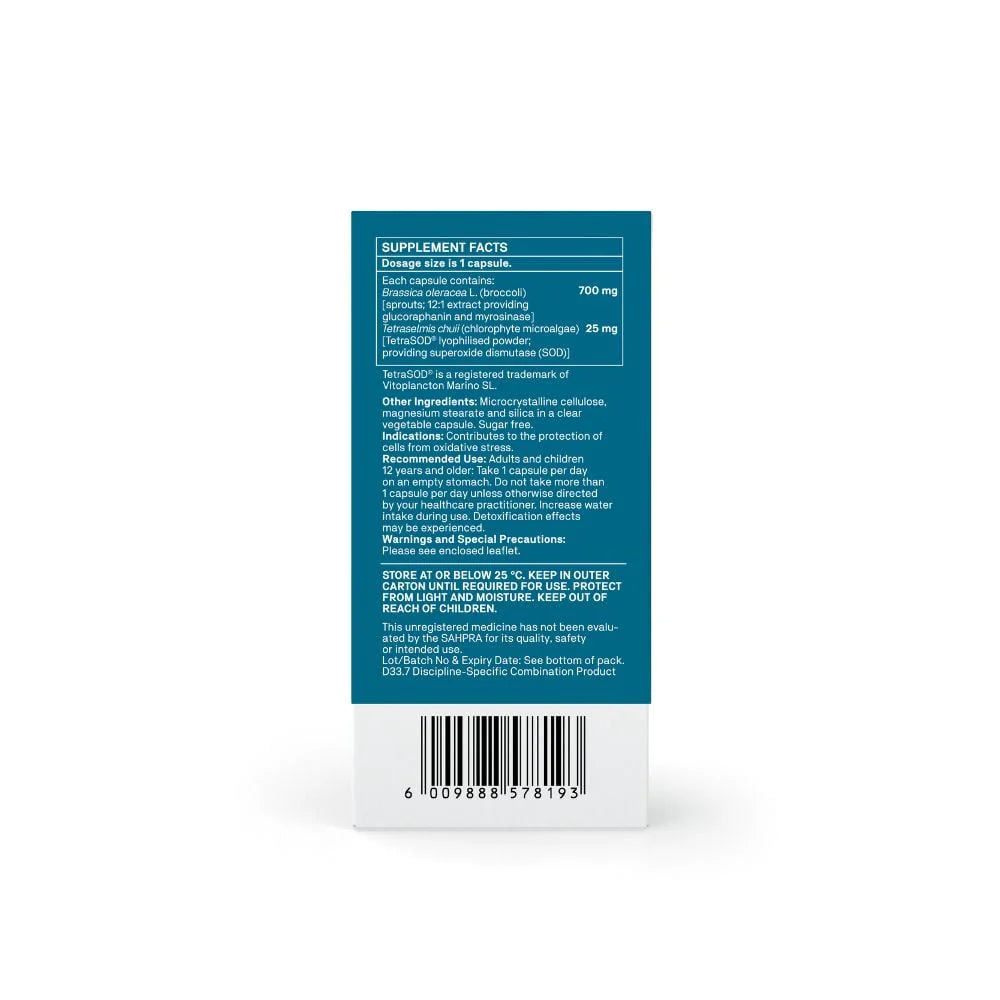 Back: Supplement facts label for NRF2 Complex showing Broccoli Sprout Extract and TetraSOD® ingredients.