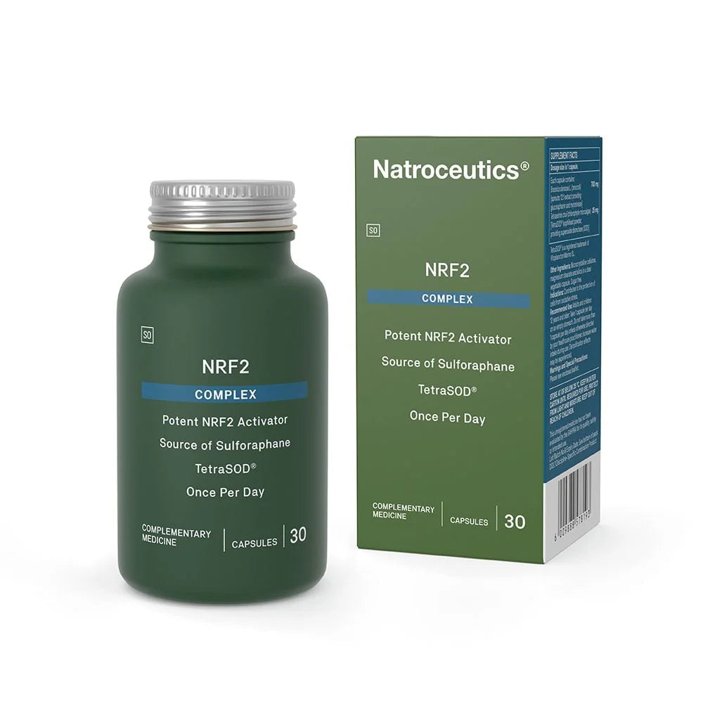 Front: Natroceutics NRF2 Complex bottle and box, 30 vegan capsules with Broccoli Sprout and TetraSOD, on white background.