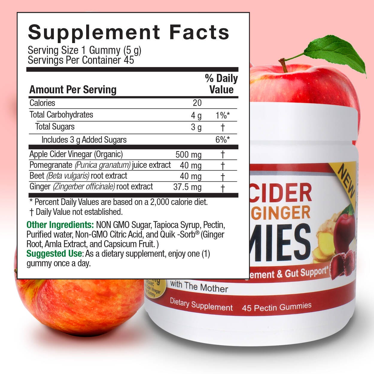 Nature's Answer Apple Cider Vinegar and Ginger Gummies 45 supplement facts and directions