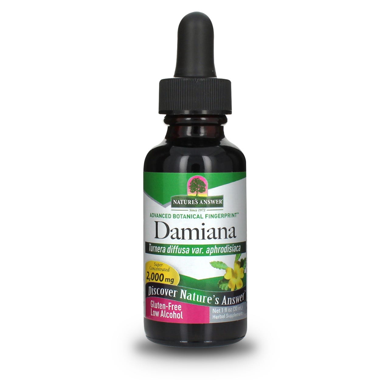 Nature’s Answer Damiana liquid extract 2000mg low alcohol 30ml bottle front viewon a white background