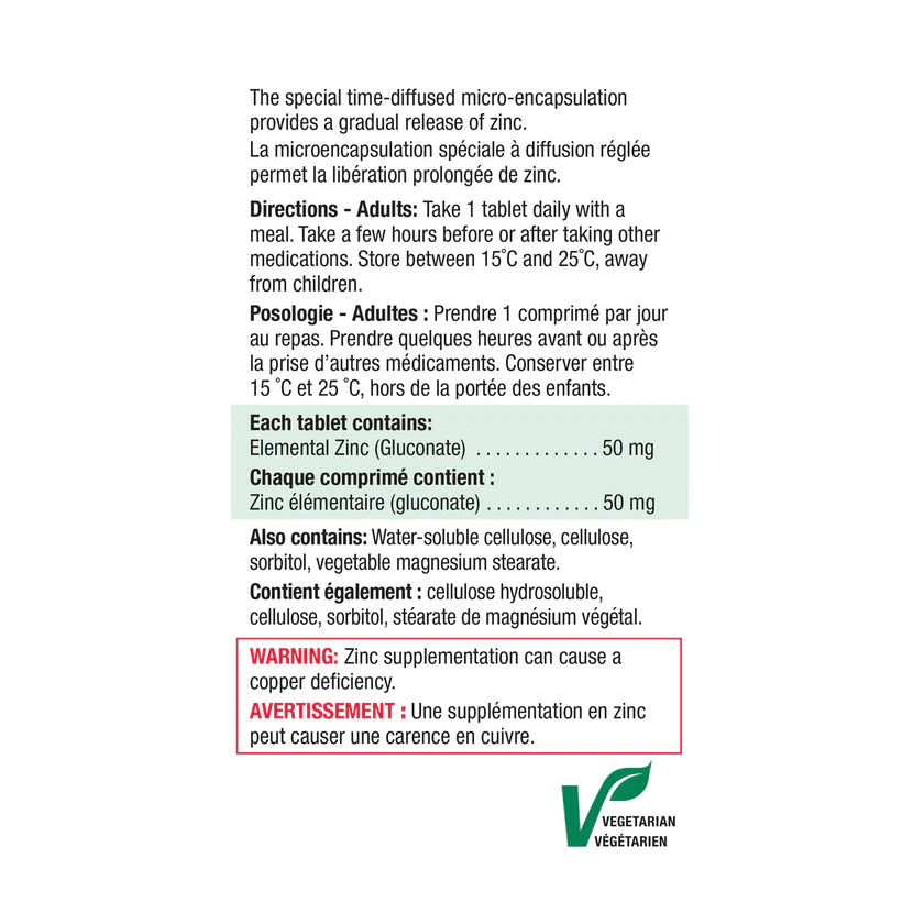 Supplement facts label for Jamieson Zinc Timed-Release tablets.