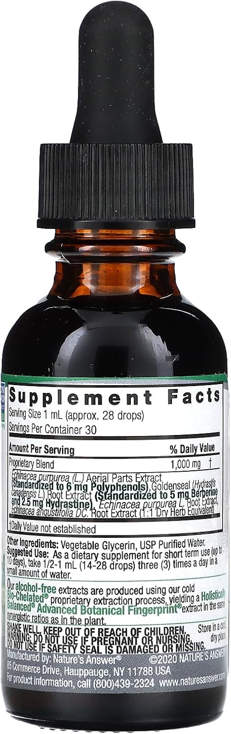 Nature’s Answer Echinacea & Goldenseal Liquid Extract 30ml bottle supplement facts label