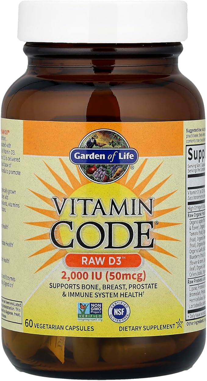 Garden of Life Vitamin Code Raw D3 bottle, 2000 IU, 60 vegetarian capsules on white background.