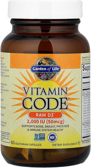 Garden of Life Vitamin Code Raw D3 bottle, 2000 IU, 60 vegetarian capsules on white background.