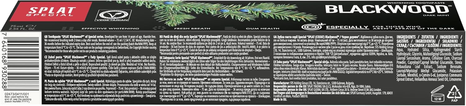 Ingredients list and certifications for SPLAT Blackwood Toothpaste.