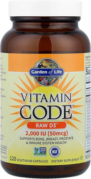 Garden of Life Vitamin Code Raw D3 bottle , 2000 IU, 120 vegetarian capsules on white background.
