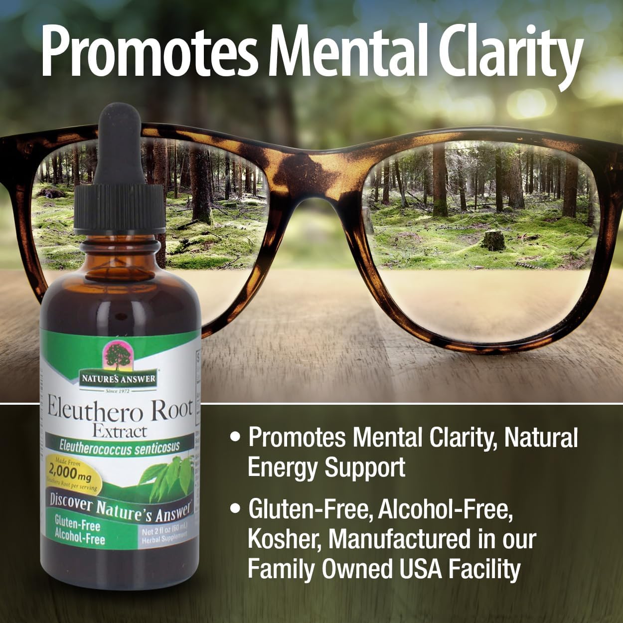Nature's Answer Eleuthero Root Extract bottle with glasses reflecting a forest scene, promoting mental clarity.