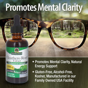 Nature's Answer Eleuthero Root Extract bottle with glasses reflecting a forest scene, promoting mental clarity.