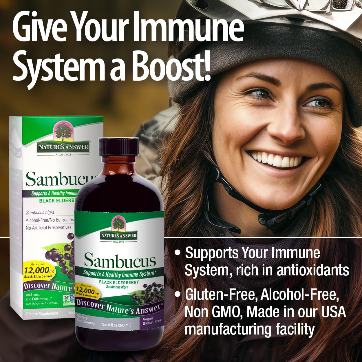 Advertisement for Nature's Answer Sambucus with a woman wearing a helmet and text about immune system support.