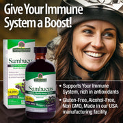 Advertisement for Nature's Answer Sambucus with a woman wearing a helmet and text about immune system support.