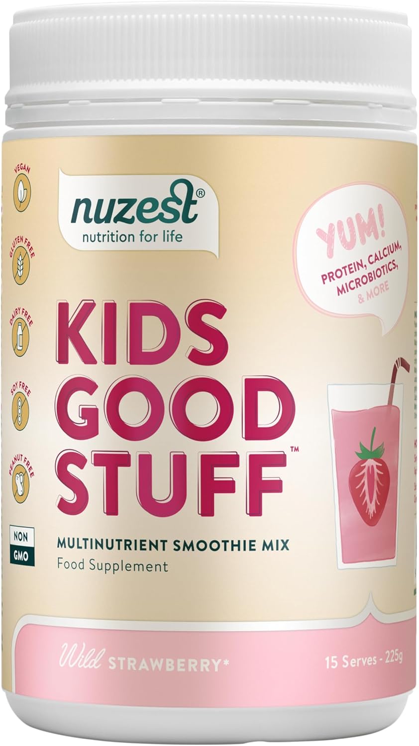 Nuzest Kids Good Stuff Wild Strawberry Smoothie Mix tub, 225g.