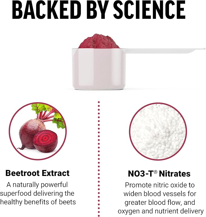 Scoop of pink Total Beets dietary nitrate supplement powder.