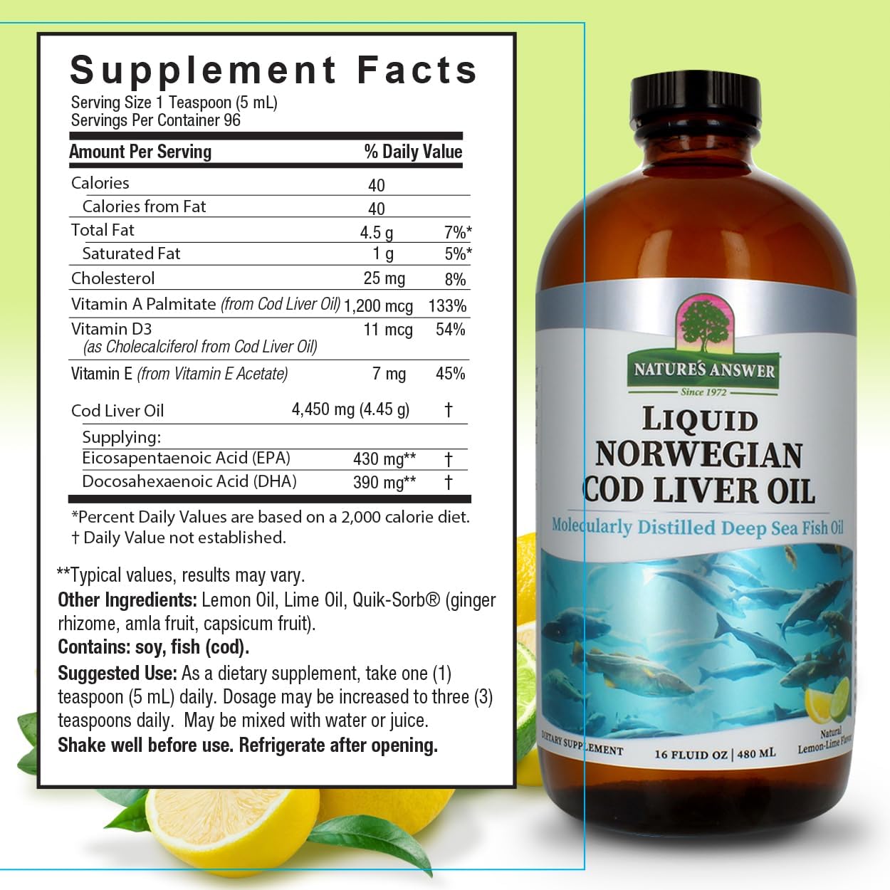 Bottle of Natures Answer Liquid Norwegian Cod Liver Oil with supplement facts label on a light green background.