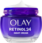 Olay Retinol 24 Night Face Cream in a refillable glass jar, 50ml.
