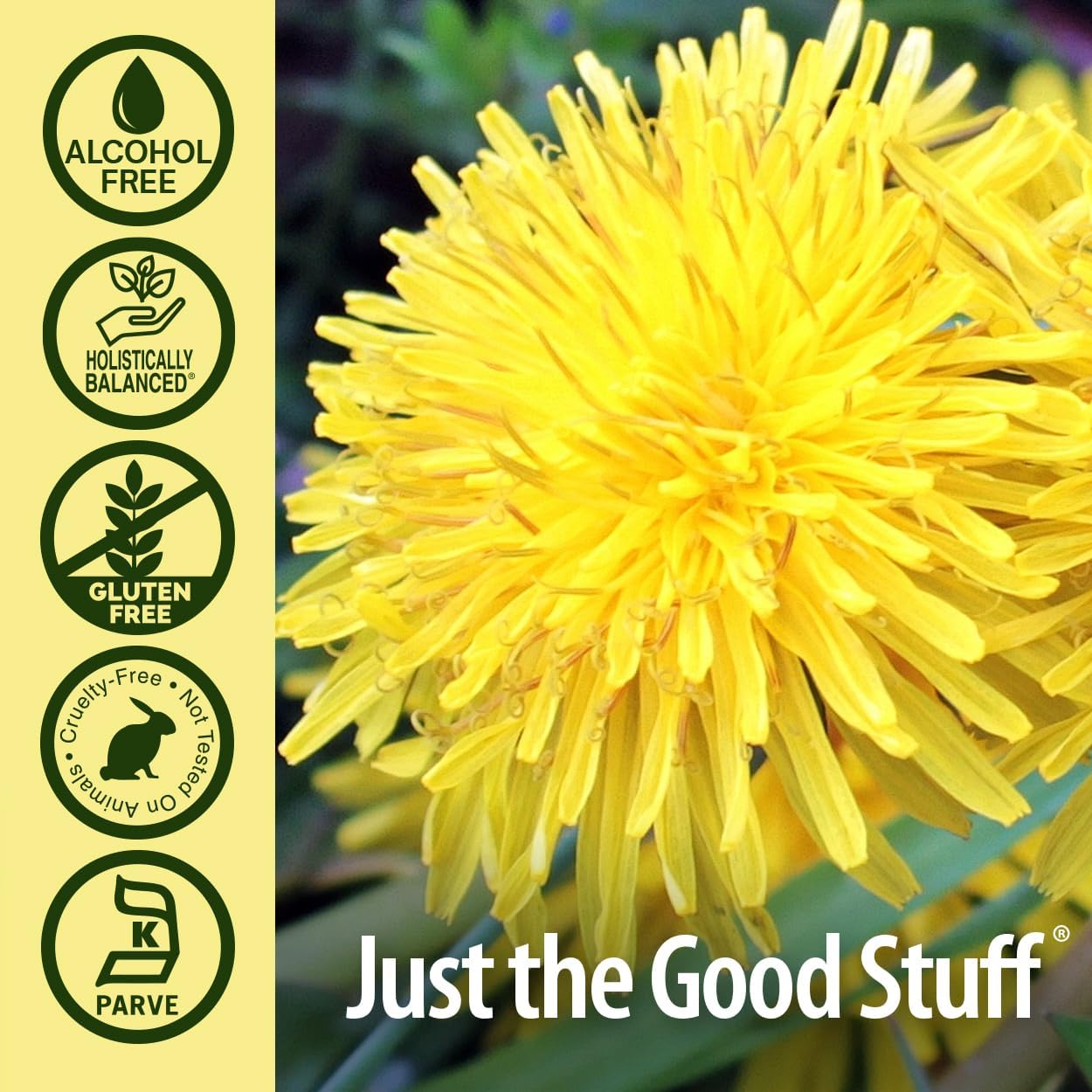 Yellow dandelion flower with 'Just the Good Stuff' branding and certification icons on a beige background.