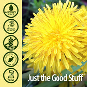 Yellow dandelion flower with 'Just the Good Stuff' branding and certification icons on a beige background.
