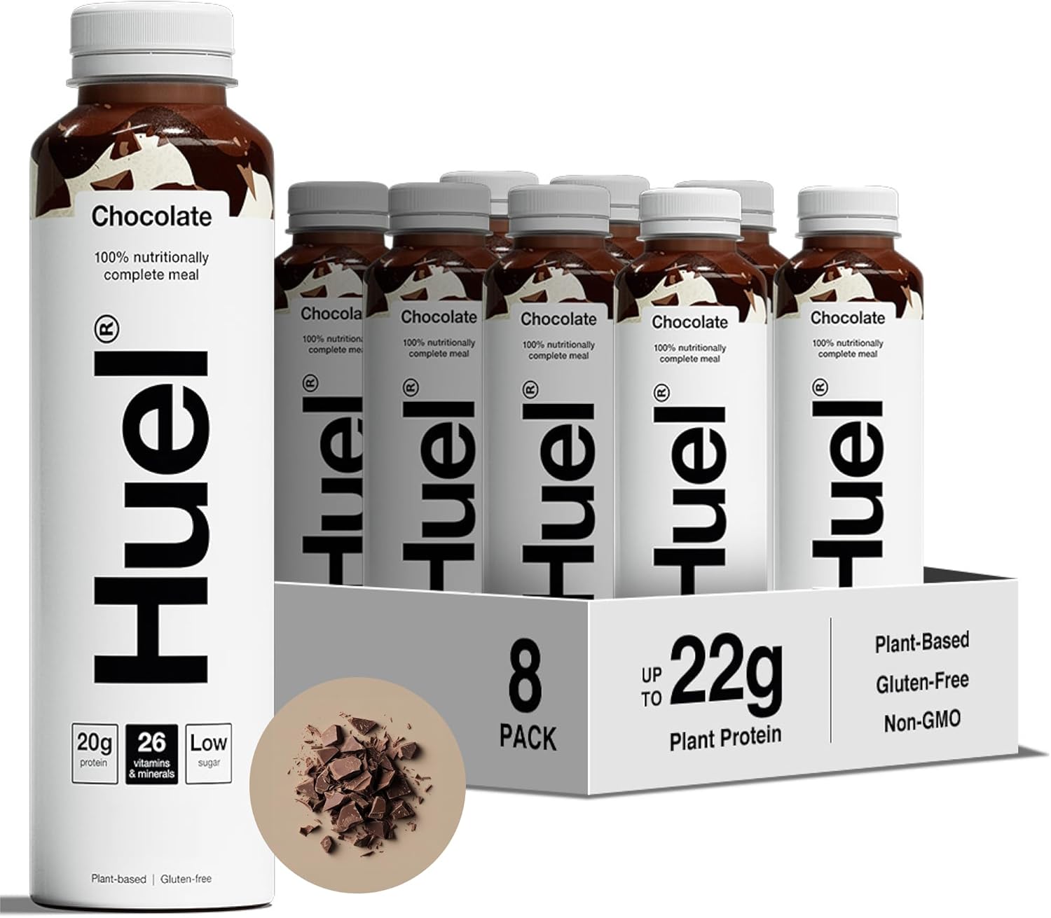 Huel Ready-to-Drink Chocolate plant based meal drink bottle packaging 8 pack 500ml bottles