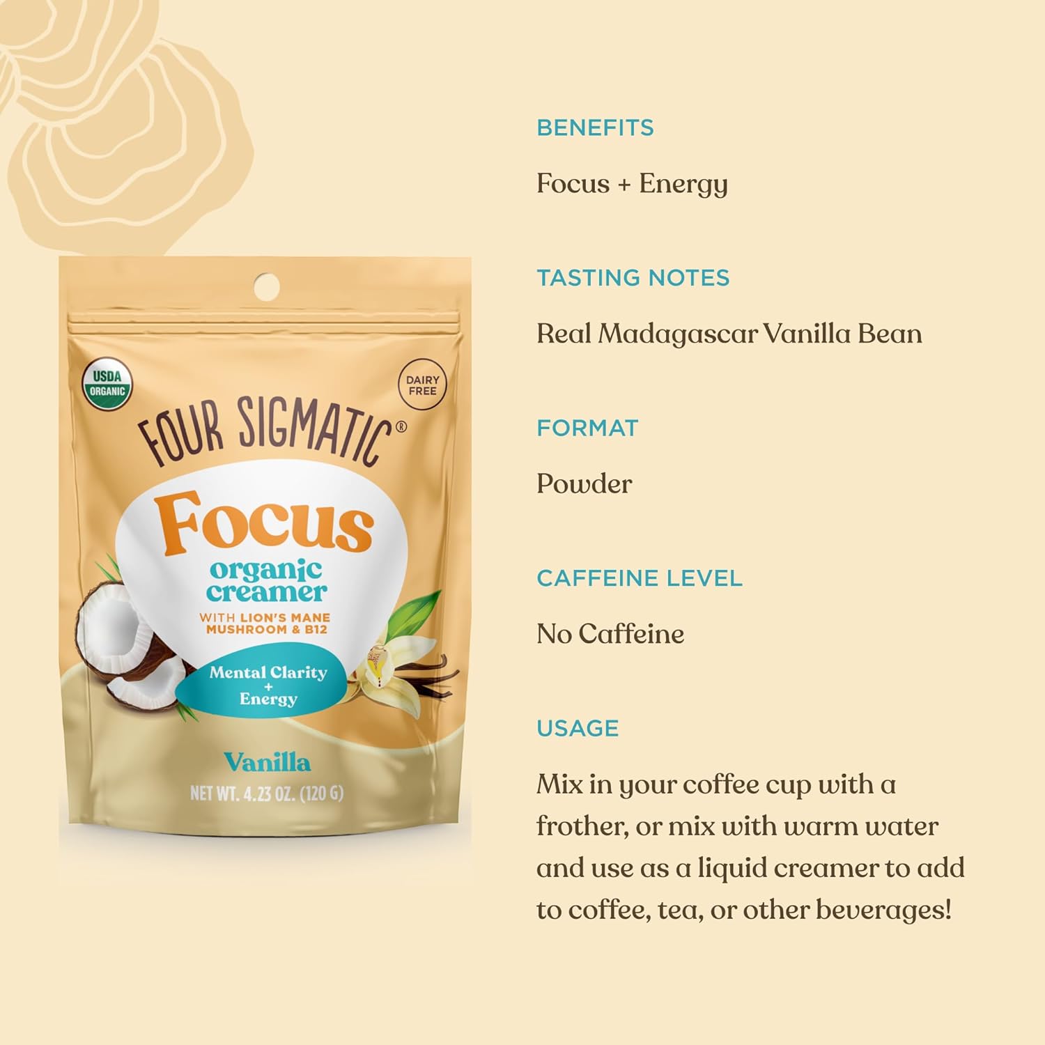 Four Sigmatic Focus Organic Creamer package with product details on a beige background