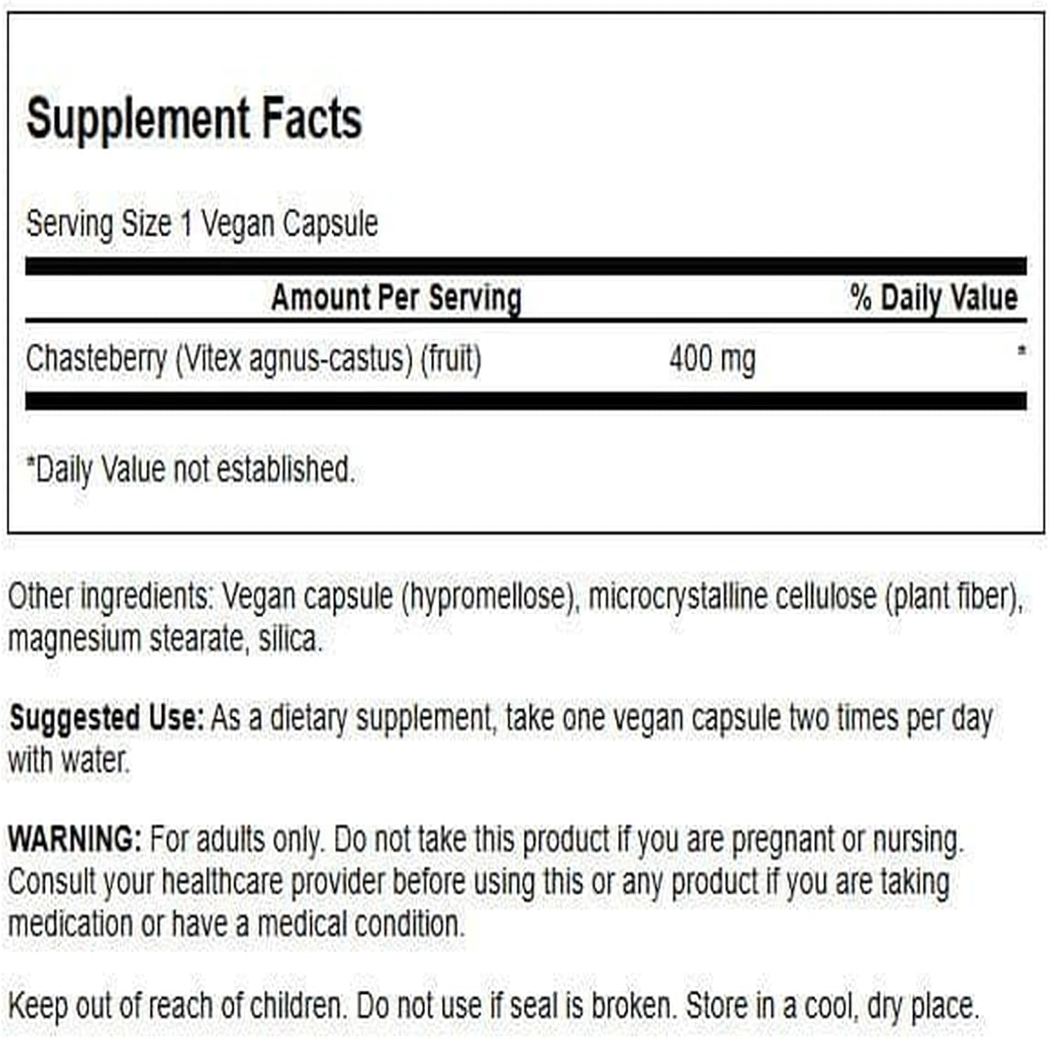 Supplement facts label for a Chasteberry supplement with serving size, amount per serving, and usage instructions.