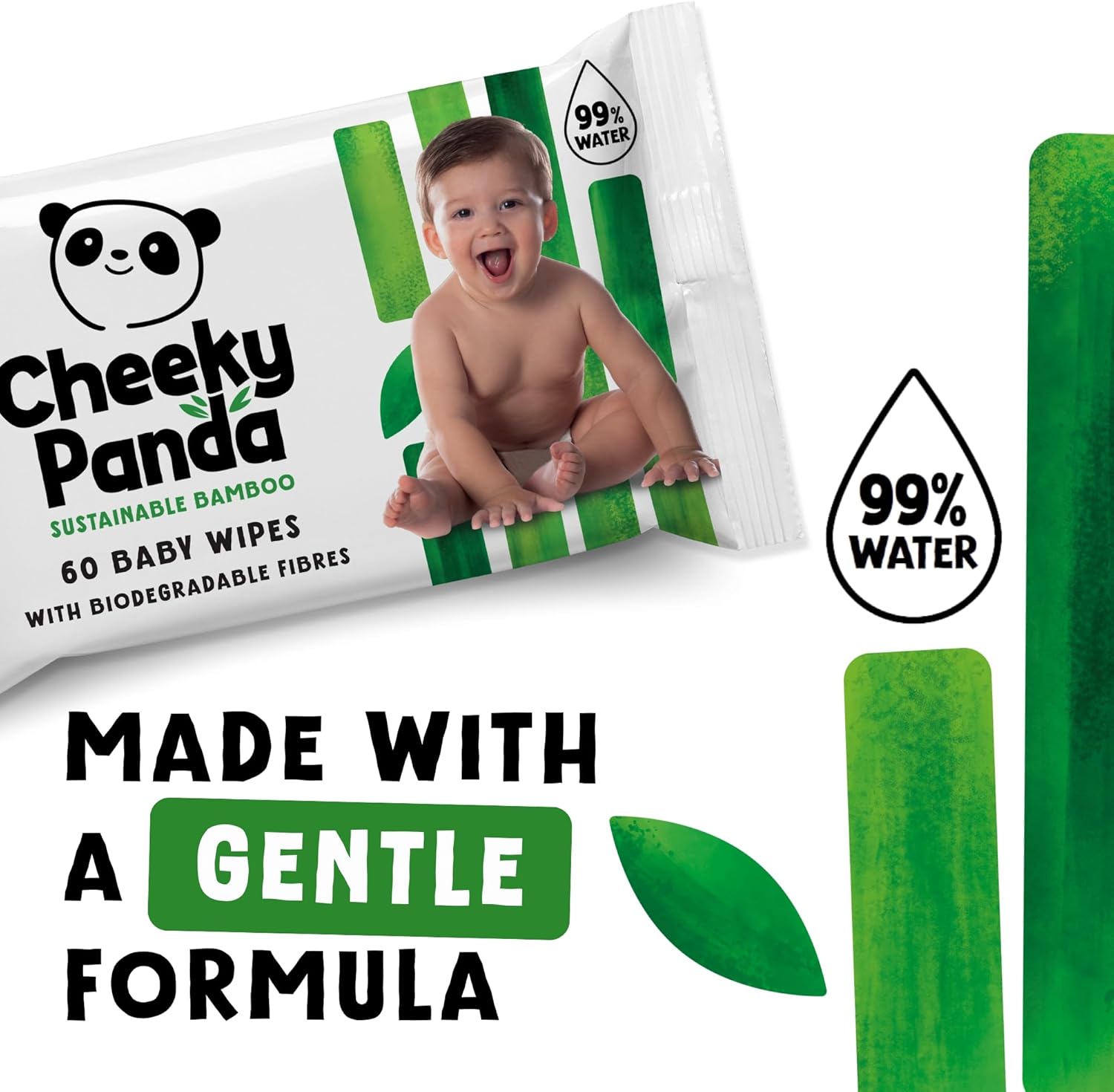 Pack of The Cheeky Panda Bamboo Baby Wipes, 60 count, on a natural background.