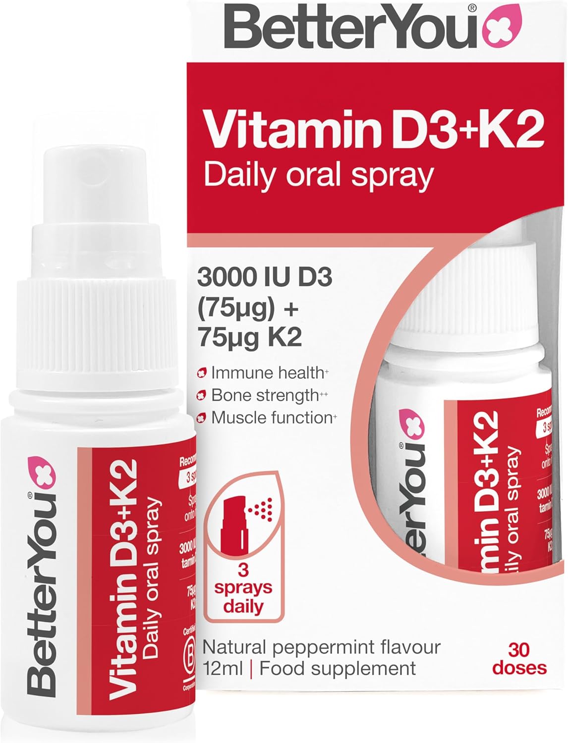 BetterYou Vitamin D3 + K2 Oral Spray bottle & box, peppermint, 12ml.