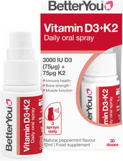 BetterYou Vitamin D3 + K2 Oral Spray bottle & box, peppermint, 12ml.