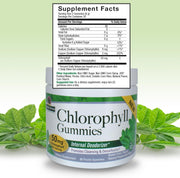 Chlorophyll gummies with supplement facts label and green leaves in the background