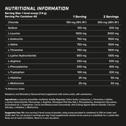 Supplement facts & ingredients image: XTEND EAA Amino Acids Powder Summer Fruits supplement facts ingredients tub powder 296g 40 servings