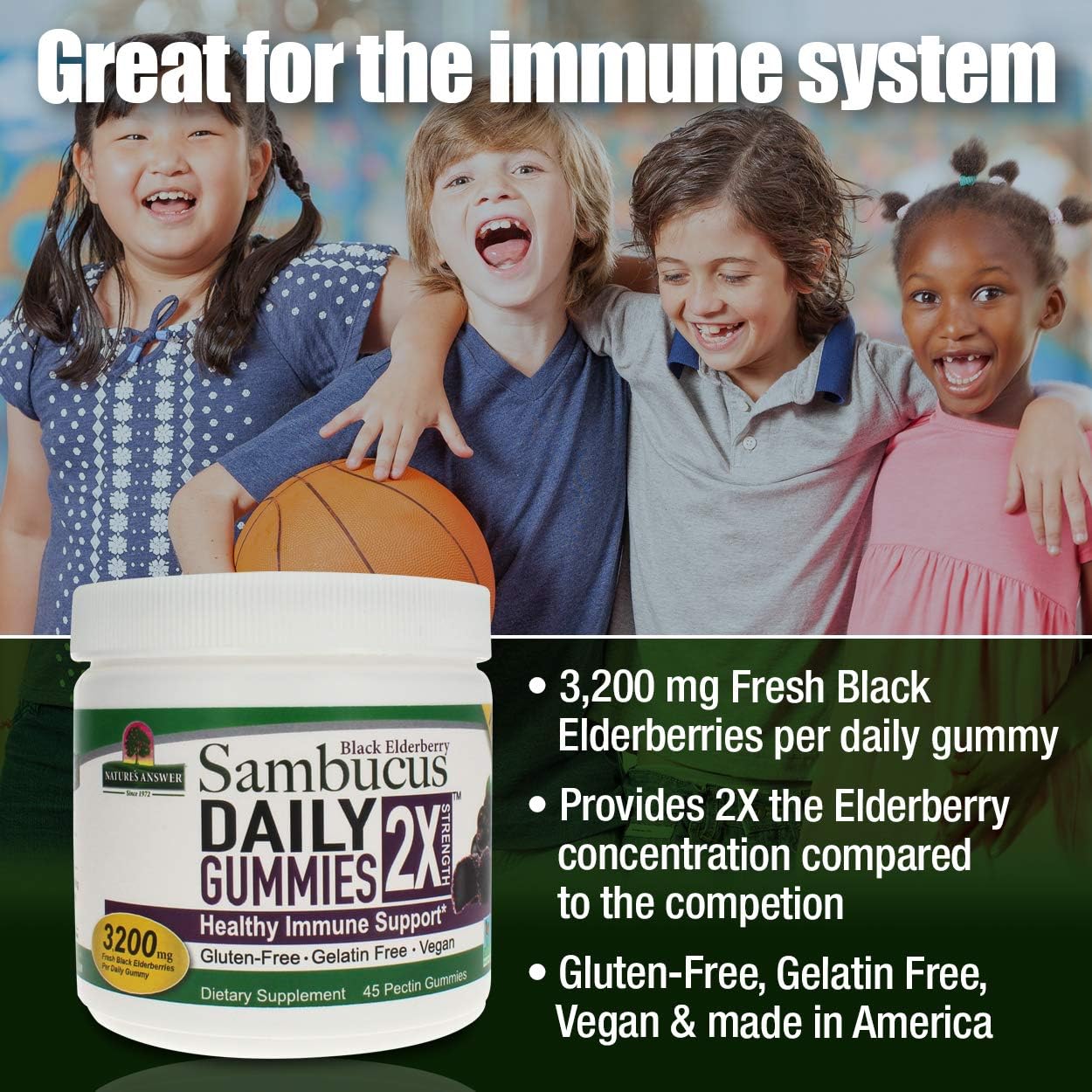 Sambucus Daily Gummies supplement with children posing in the background