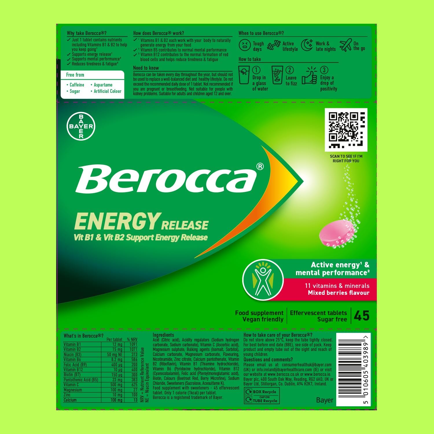 Nutritional information, ingredients, barcode and directions for Berocca effervescent tablets.