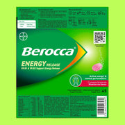 Nutritional information, ingredients, barcode and directions for Berocca effervescent tablets.
