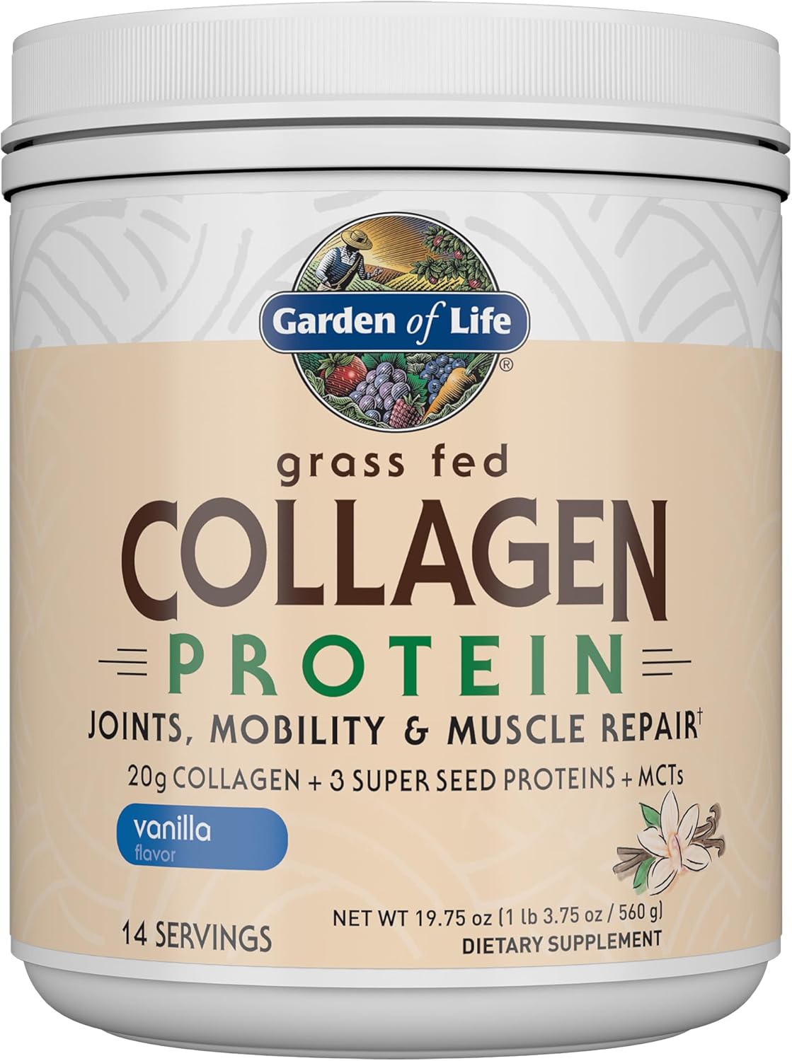 Garden of Life Grass Fed Collagen Protein Powder tub, Vanilla, 560g.