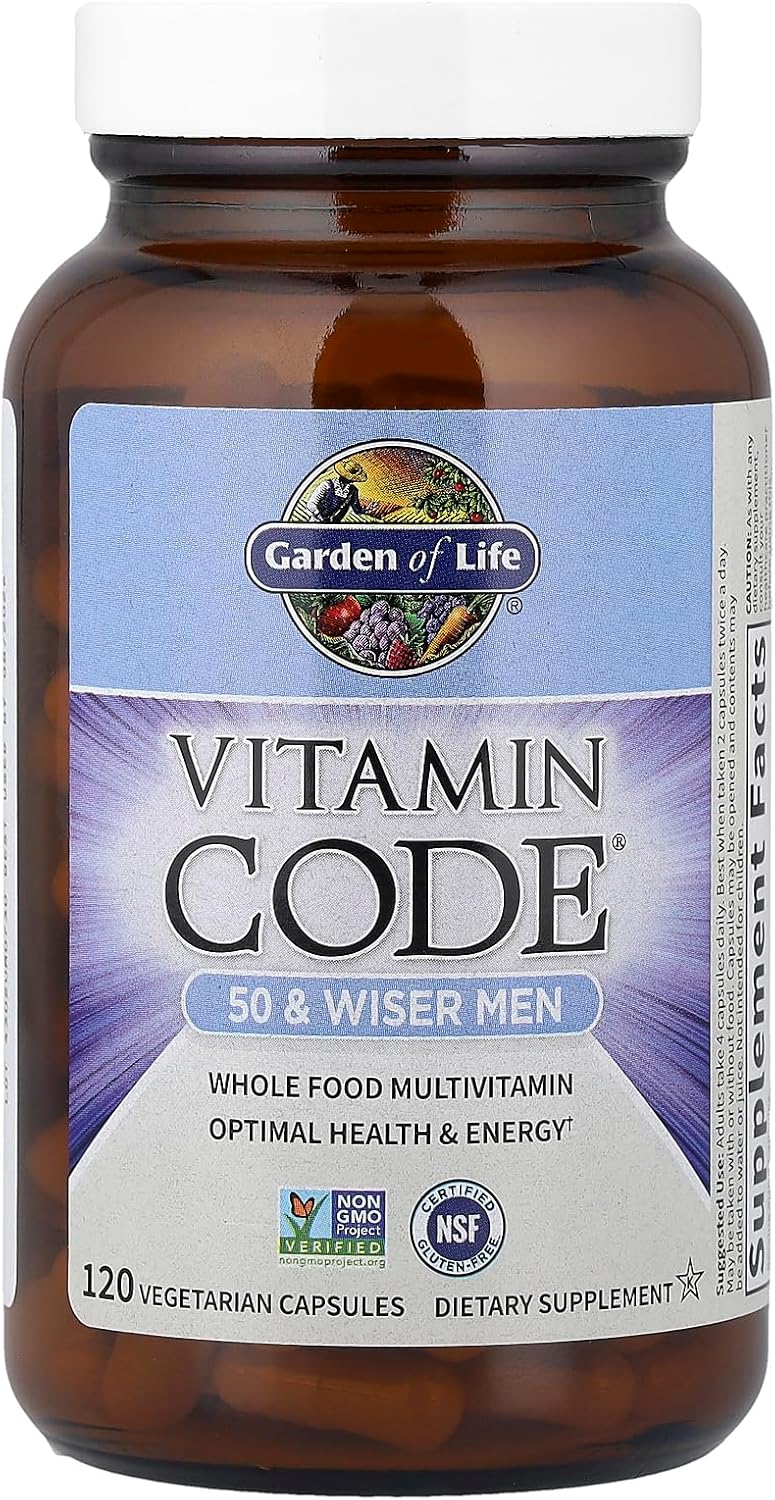 Garden of Life Vitamin Code Raw Multivitamin for Men 50 Plus bottle, 120 capsules.
