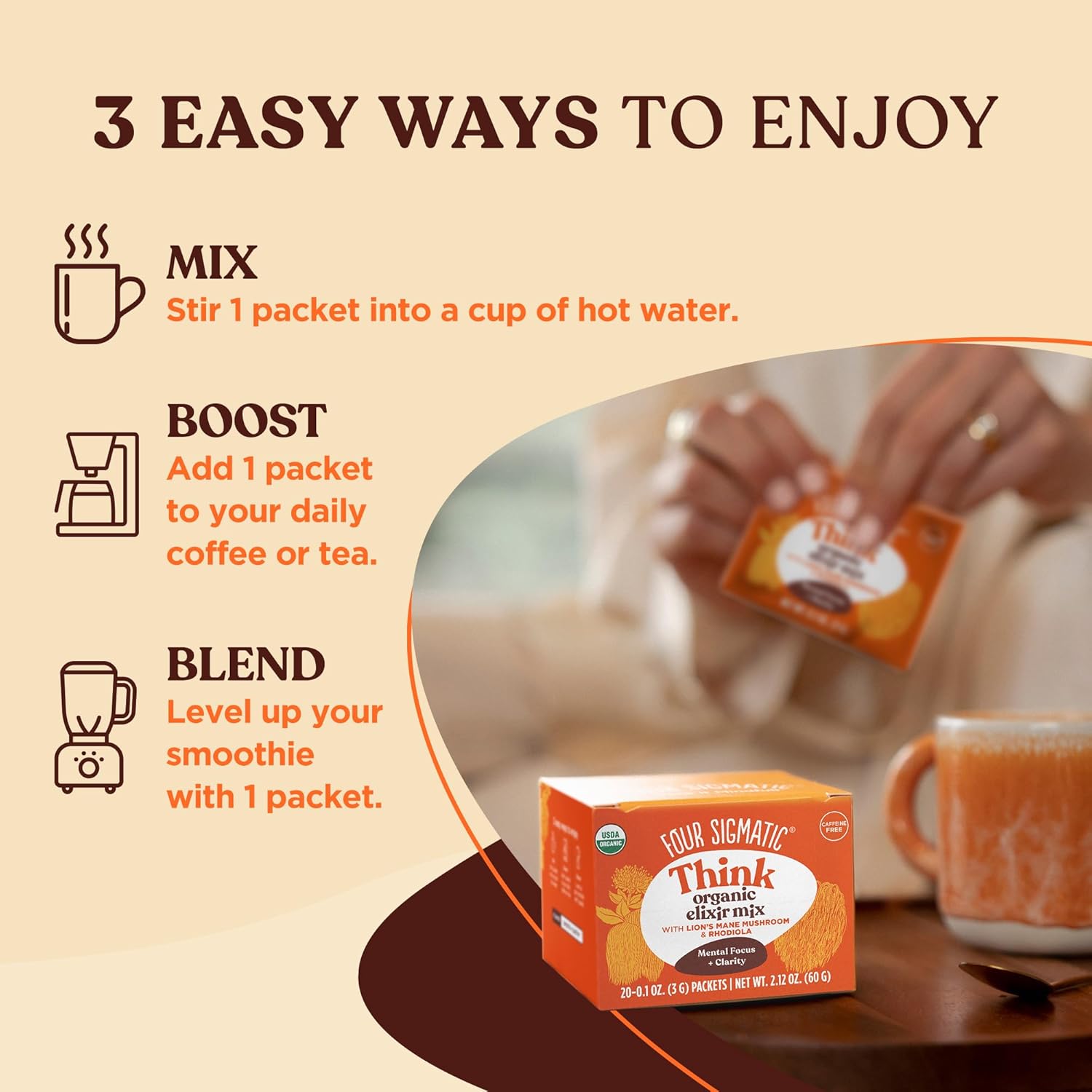 How to use: Four Sigmatic Lion’s Mane elixir preparation instructions sachet display in 3 ways.