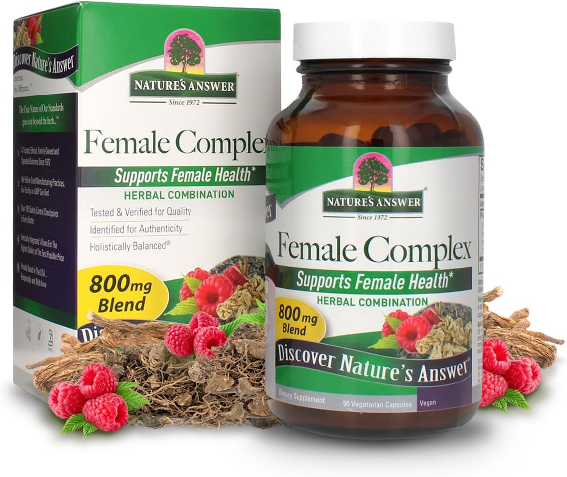 Nature’s Answer Female Complex vegetarian capsules 90 count bottle & box front view on a white background