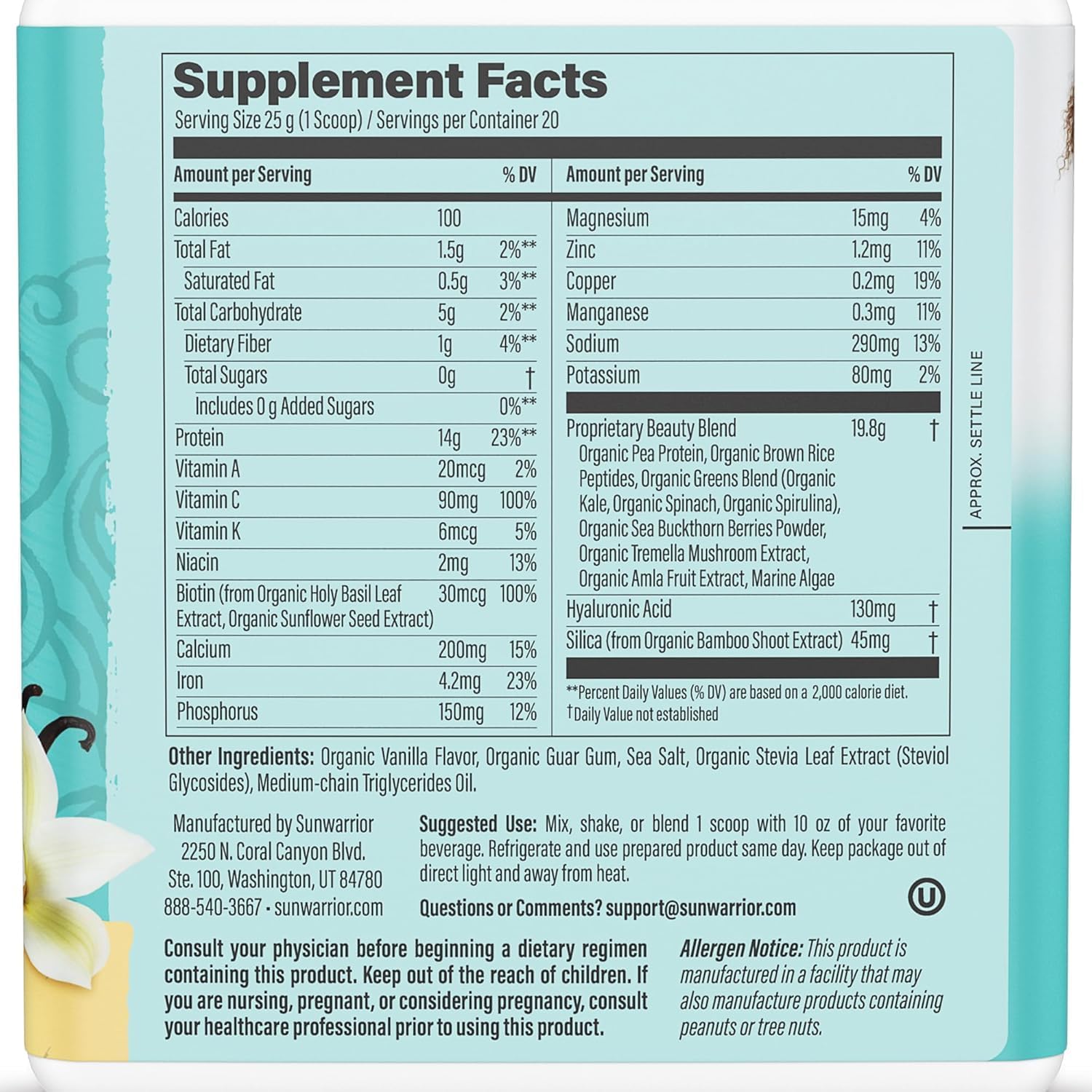 Supplement facts for Sunwarrior Plant-Based Beauty Protein - Tahitian Vanilla