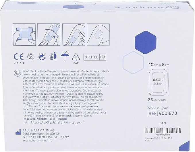 Back of Cosmopor E dressing box showing size, materials (100% cotton pad), and features.