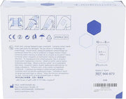 Back of Cosmopor E dressing box showing size, materials (100% cotton pad), and features.