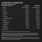 Supplement facts & ingredients image: XTEND EAA Amino Acids Powder Tropical supplement facts ingredients tub powder 316g 40 servings