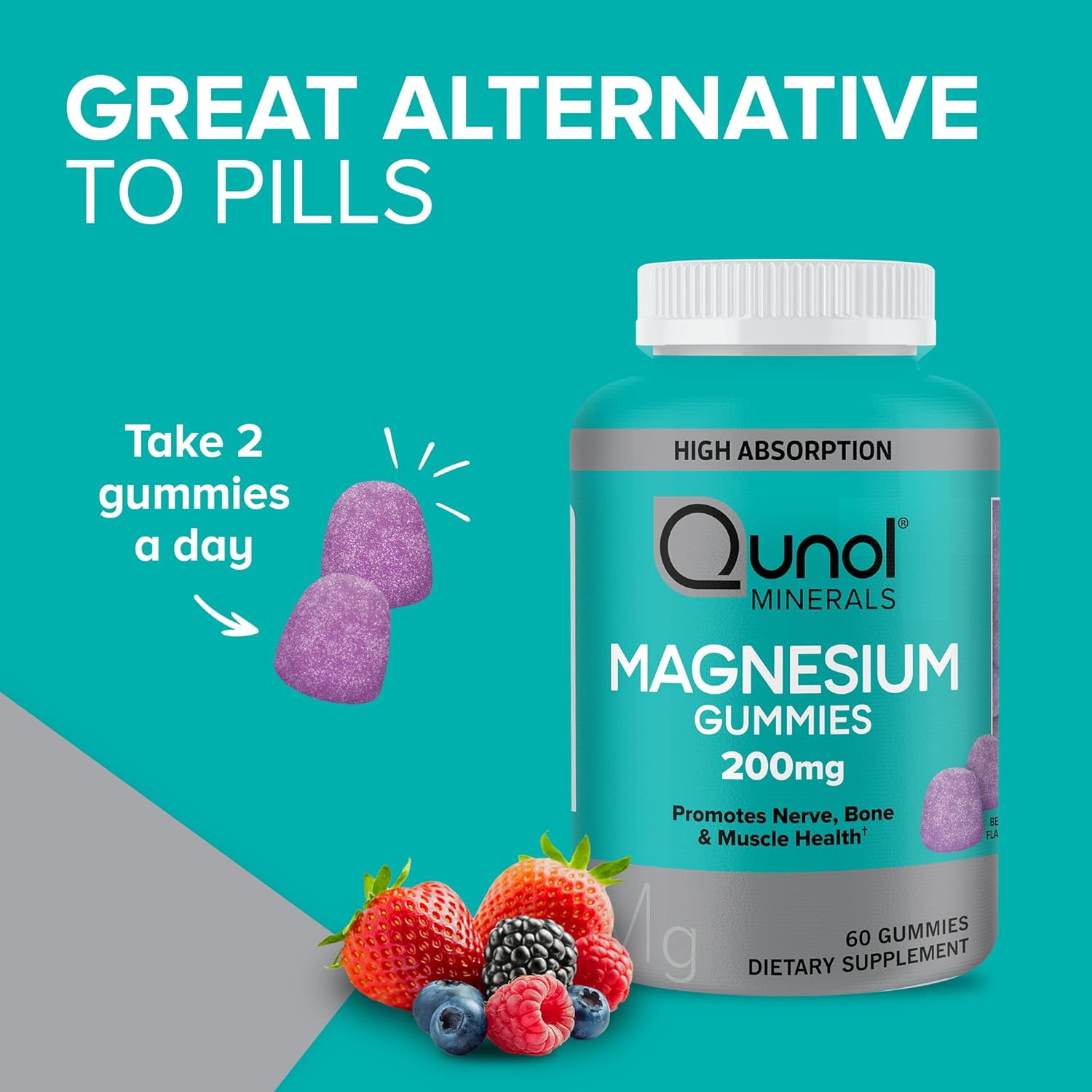 Qunol Magnesium Gummies Mixed Berry 200mg 60 Count