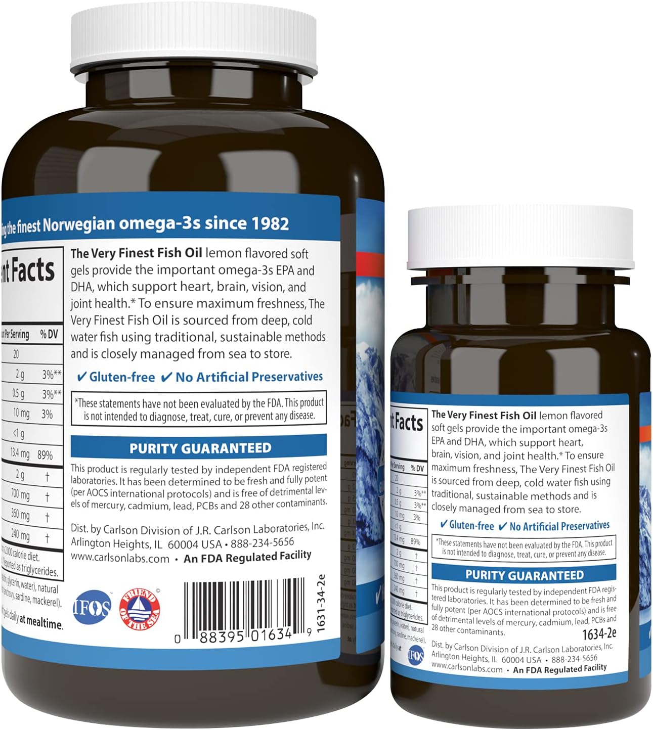 Supplement facts, ingredients & barcode image: Carlson fish oil omega 3 EPA DHA supplement facts  lemon softgels 150 count