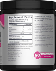 Nutrition label and ingredients for flavored collagen peptides powder supplement.