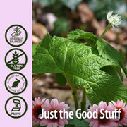 Close-up of a green leafy plant with 'Just the Good Stuff' branding and certification logos on a pink background.