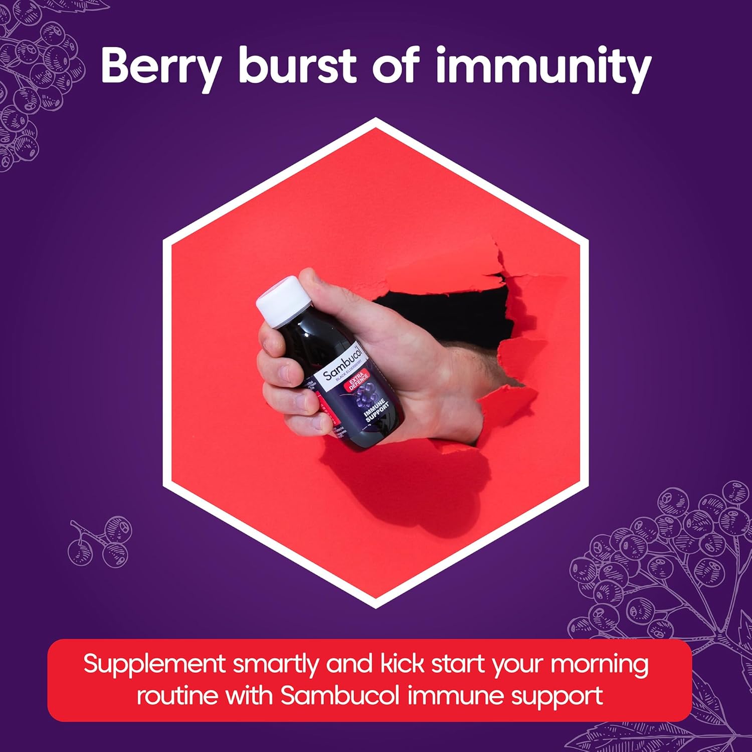 Hand holding a bottle labeled 'Sambucol' against a purple background with text about immune support.