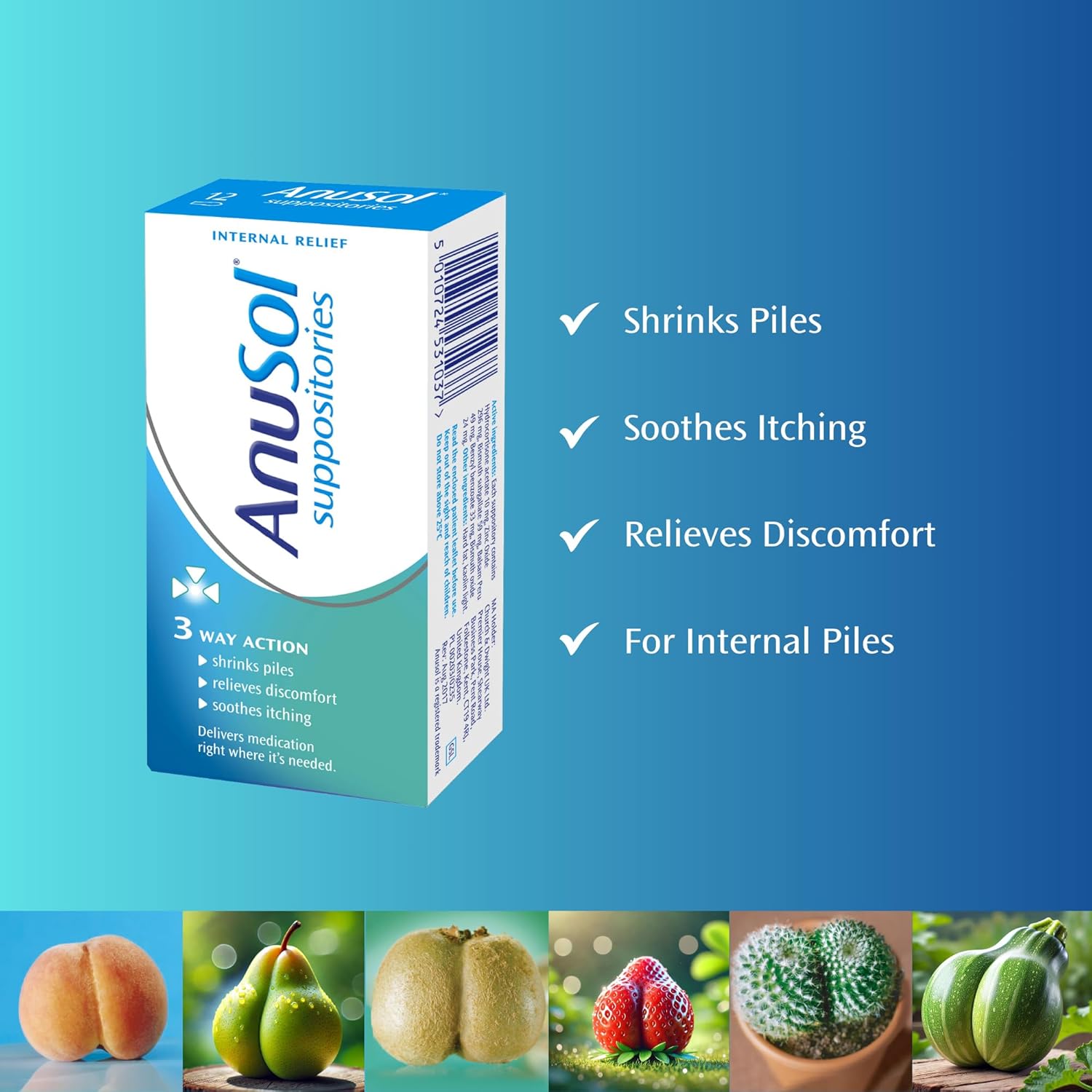 Sealed pack of Anusol Suppositories, 12 count, on a clean background.