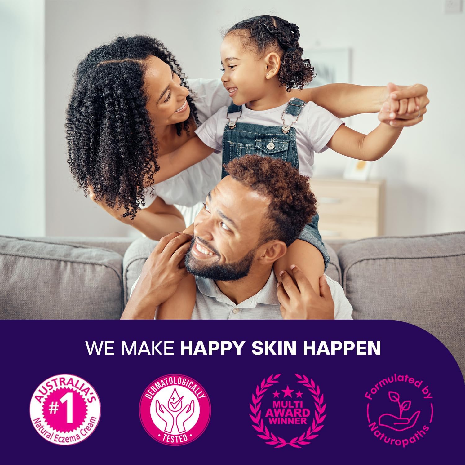 Family sitting on a couch with promotional text and logos about skincare.
